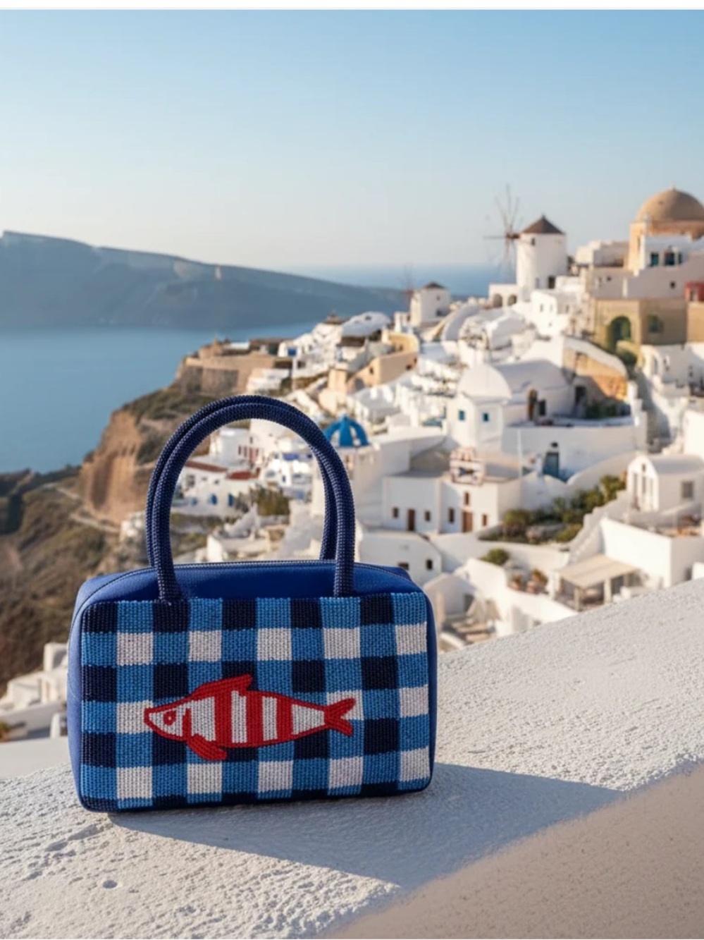 Blue Checked Glass Beads Sardine Bag